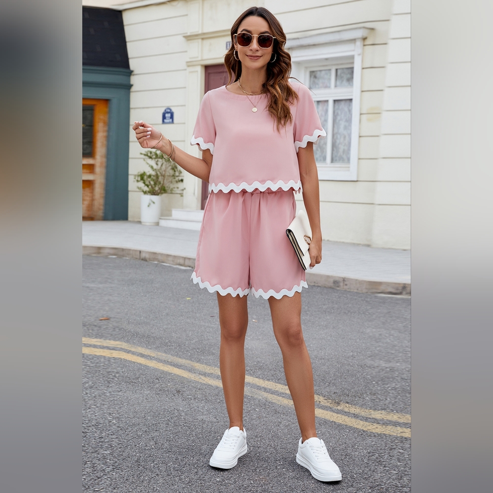 Contrast Trim Round Neck Top and Shorts Set - Picture 6 of 6
